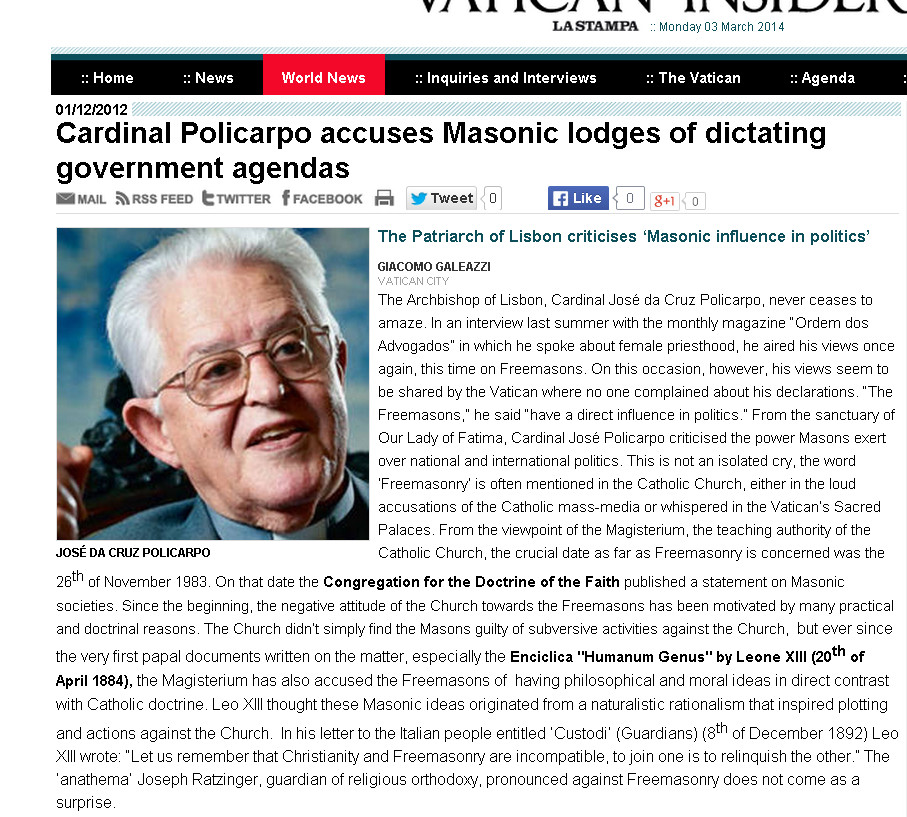 Top Vatican Cardinal: 'Freemasons Have Direct Influence in Politics